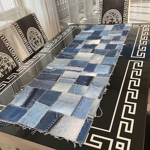 Handmade patchwork denim table runner, Rustic tablecloth of recycled jeans patches, Casual farmhouse serving
