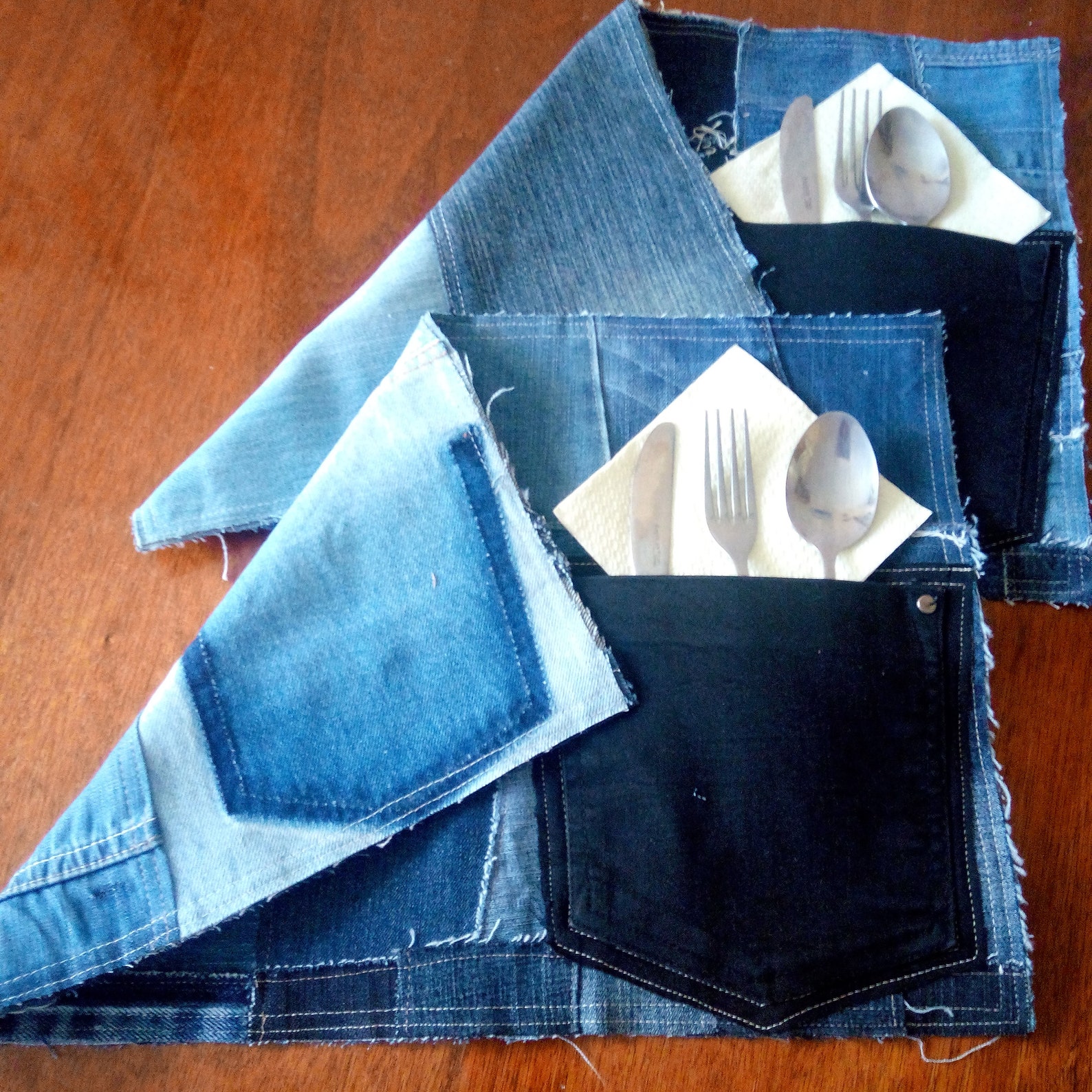 Rustic Denim Patchwork Placemats With Cutlery Pockets Etsy