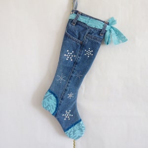 Denim Christmas Stocking, Recycled Jeans Christmas Sock, Handmade Holiday Gift Holder, Festive Farmhouse Decor, Unique Christmas Decoration