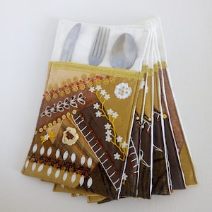 Handmade textile envelopes for serving cutlery, with embroidery ribbons, beads, set of 6 pieces