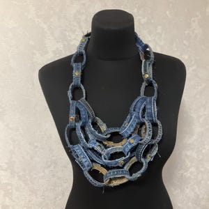 Statement Denim Necklace, Recycled Jeans Jewelry, Multicolor Denim Seam Necklace, Handmade Upcycled Denim Accessory, Sustainable Fashion