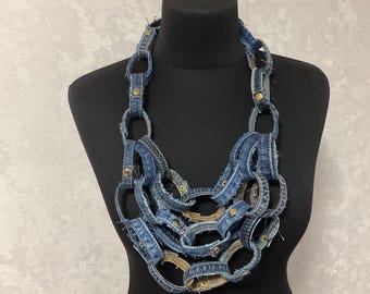 Upcycled Denim Fabric Junk Tie Necklace: Upcycled Blue Jeans  display picture 3