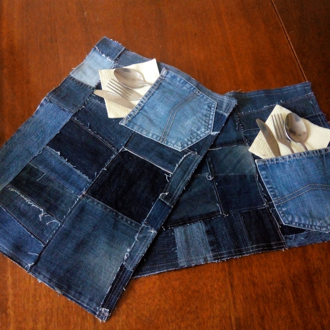 Rustic denim patchwork placemats with cutlery pockets Etsy