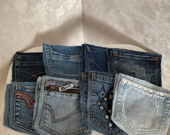 Set of 16 pieces, Vintage denim pockets, Recycled denim pockets from jeans for DIY project.