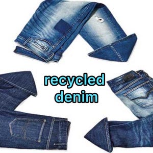 May include: Three pairs of blue denim jeans arranged in a triangular recycling symbol shape. The jeans feature various washes, fading, and distressed details. In the center, the text "recycled denim" is written in blue letters with a light blue outline.