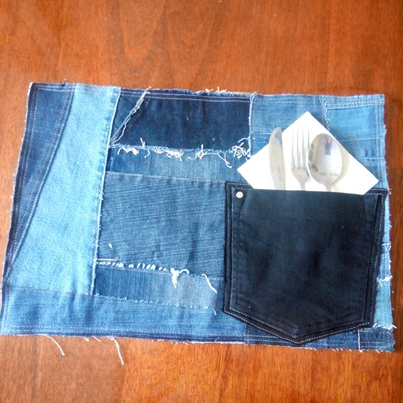 Rustic Denim Patchwork Placemats With Cutlery Pockets Etsy