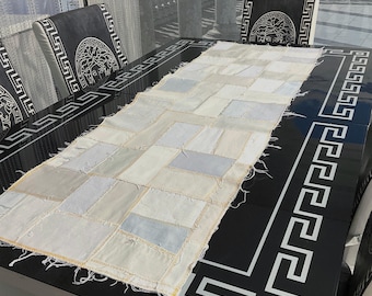Tovaglia da tavola boho in cotone patchwork 120 x 40 cm, tovaglia da tavola in denim riciclato, decorazione rustica da fattoria, tovaglia in jeans blu