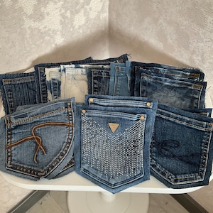 Set of 16 pieces, Vintage denim pockets, Recycled denim pockets from jeans for DIY project.