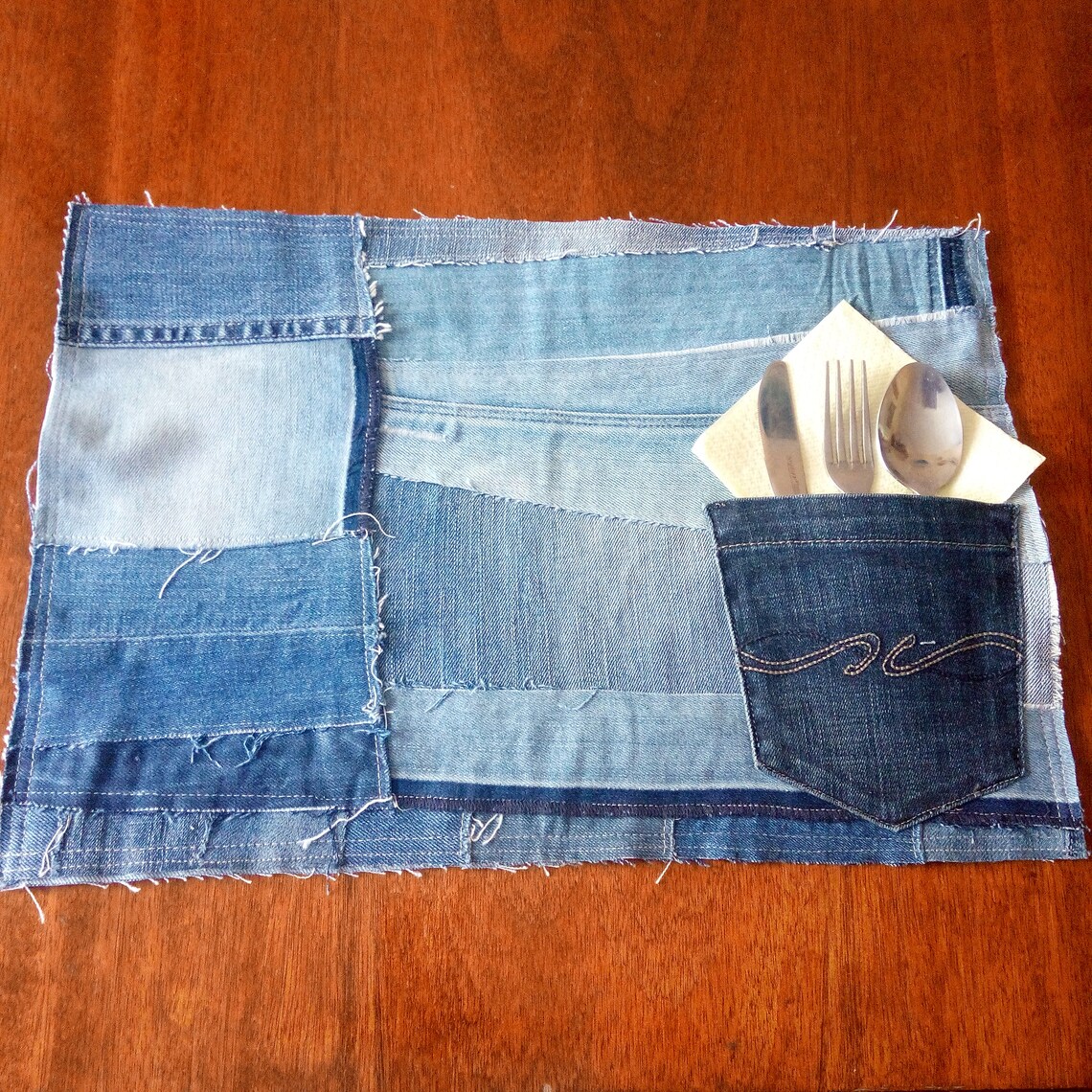 Rustic denim patchwork placemats with cutlery pockets Etsy