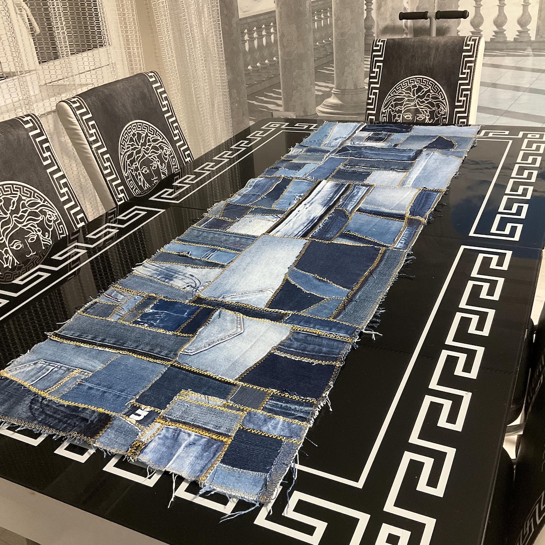 Denim Rag Table Runner Handmade Patchwork Denim Table Runner, Rustic Tablecloth of Recycled ...