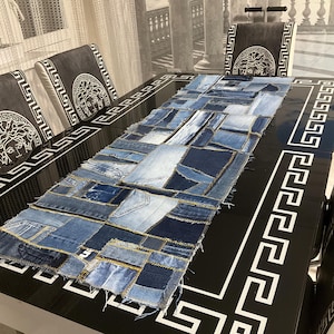 Handmade patchwork denim table runner, Rustic tablecloth of recycled jeans patches, Casual farmhouse serving