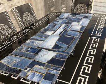 Runner da tavola patchwork in denim 47x16 pollici, tovaglia in jeans riciclati, decorazione rustica da fattoria, centrotavola in denim riciclato, fatto a mano