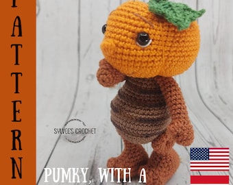 May include: Crochet pattern for a pumpkin character wearing a ghost costume. The pattern is available in English and Hungarian. The pattern is called "Punky, with a ghost costume".
