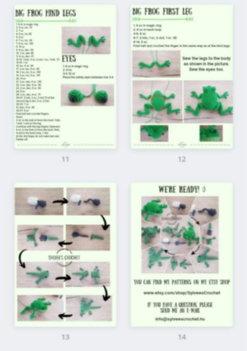 May include: A crochet pattern for making a green frog. The pattern includes instructions for making the frog's legs, eyes, and body. The pattern is written in English and includes photos of the finished product.