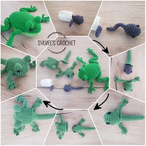 May include: A crochet frog life cycle pattern. The pattern includes a frog egg, tadpole, froglet, and adult frog. The pattern is made with green and gray yarn. The pattern is called "Sylvee's Crochet".