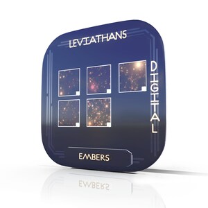 May include: A blue square with rounded corners, featuring the text "LEVIATHANS DIGITAL EMBERS" and four small squares containing images of starry skies.
