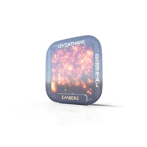 May include: A digital art print with a blue and gray frame. The print features a galaxy of glowing orange and yellow stars with the text "LEVIATHANS DIGITAL EMBERS" at the top and bottom.