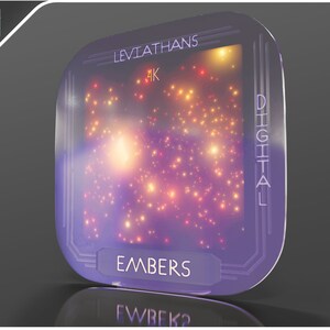 May include: A digital art print with a purple background and a cluster of glowing yellow and orange lights. The text "LEVIATHANS 4K DIGITAL EMBERS" is printed on the image.
