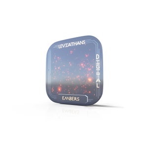 May include: A blue digital screen with the text "Leviathans Digital Embers" on it. The screen is surrounded by a black frame and has a glowing red and orange effect.