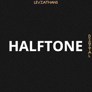 May include: Black and white image with a white text overlay that reads "HALFTONE" and a gold text overlay that reads "DIGITAL" vertically on the right side. The background is a black and white pattern of small dots.