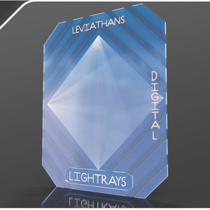 May include: A blue and white 4K digital light tray with the text "Leviathans" and "Lightrays" on it.
