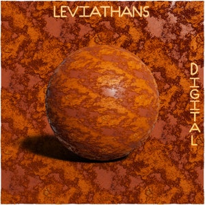 Peut inclure: Rendu 3D d'une sphère avec une texture orange rouille et brune. La sphère est sur un fond avec la même texture. Le texte "LEVIATHANS DIGITAL" est dans les coins supérieur gauche et droit de l'image.