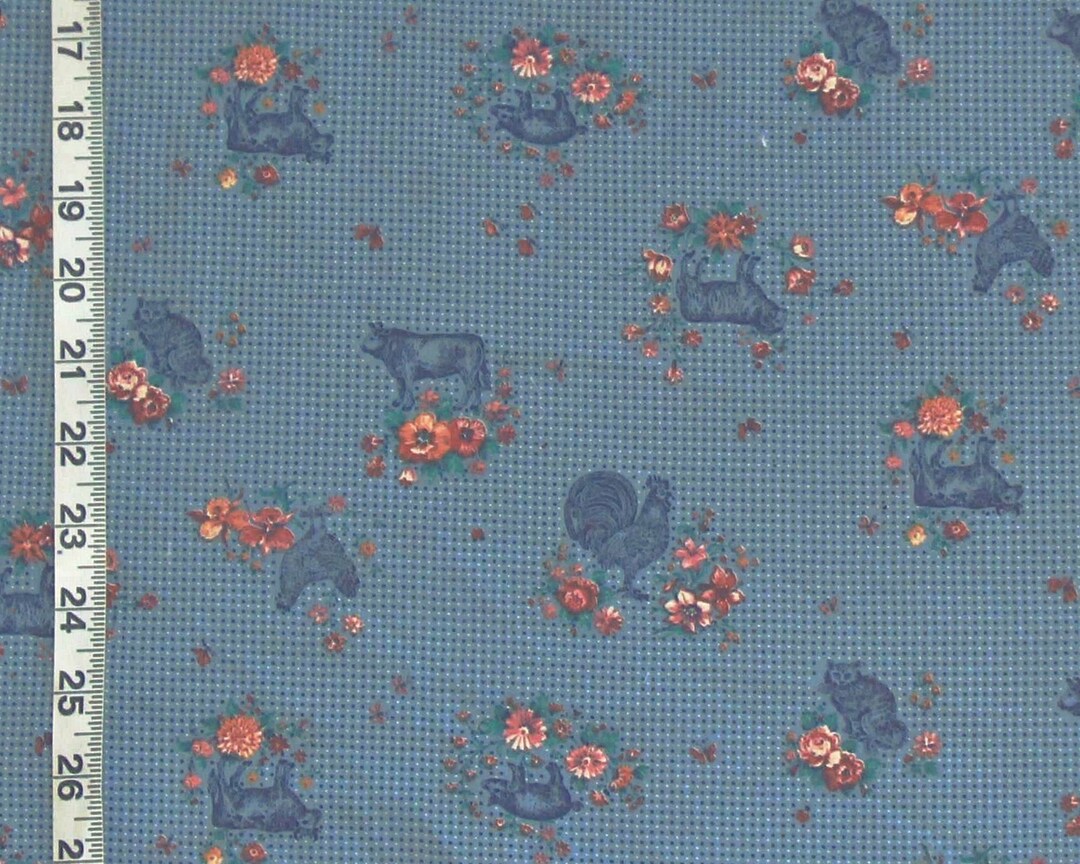 Vintage Farm Animal Material Blue Toile Quilt Quilting Cotton Etsy