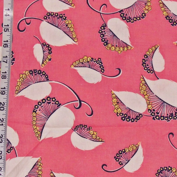 Vintage full feedsack feed sack pink leaves fabric quilt quilting mid century valance curtain material tree floral leaves yellow blue SAS