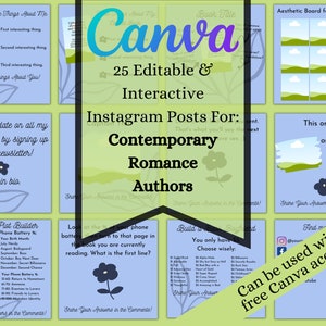 May include: A collage of images with a green and blue color scheme. The images are for Instagram posts for contemporary romance authors. The text "Canva" is in the center of the collage. The text "25 Editable & Interactive Instagram Posts For: Contemporary Romance Authors" is below the Canva logo. The text "Can be used with a free Canva account!" is in the lower right corner of the collage.