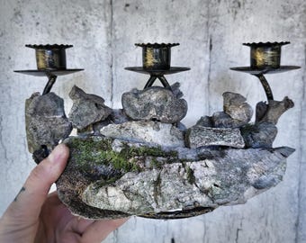 Triple Candle Holder with Real Bone & Moss – Forest Found Altar Piece – Vulture Culture Decor – Goblincore Witchy Candelabra