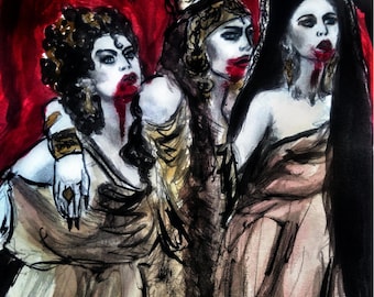 Gothic Dracula Vampire Brides Art – Watercolor Illustration (Digital Download)