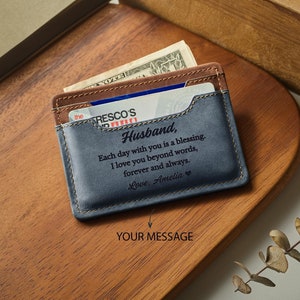 Tarjetero de cuero, billetera delgada personalizada para tarjetas, billetera minimalista para esposo, billetera pequeña para tarjetas, billetera delgada para novio, regalo de cumpleaños para hombres