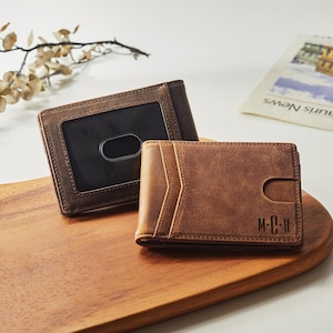 Billetera para hombre con clip para billetes, billetera de cuero plegable, billetera delgada para él, billetera para novio, regalo de San Valentín, billetera de cuero plegable grabada