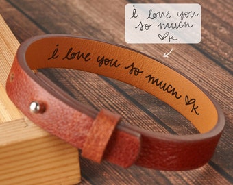 Handwriting Leather Bracelet, Men Christmas Gift, Secret Message Bracelet, Handwritten Bracelet, Bracelet For Men, Signature Bracelet