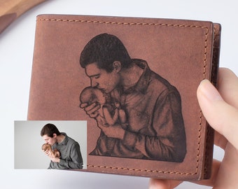 Engraved Photo Wallet, Mens Leather Wallet, New Dad Gift, Father's Day Gift, First Time Dad Gift, Dad Photo Wallet Gift for Men