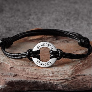 Leather Coordinates Bracelet, Latitude Longitude Bracelet, Graduation Bracelet For Him, Gift, Anniversary Bracelet For Boyfriend