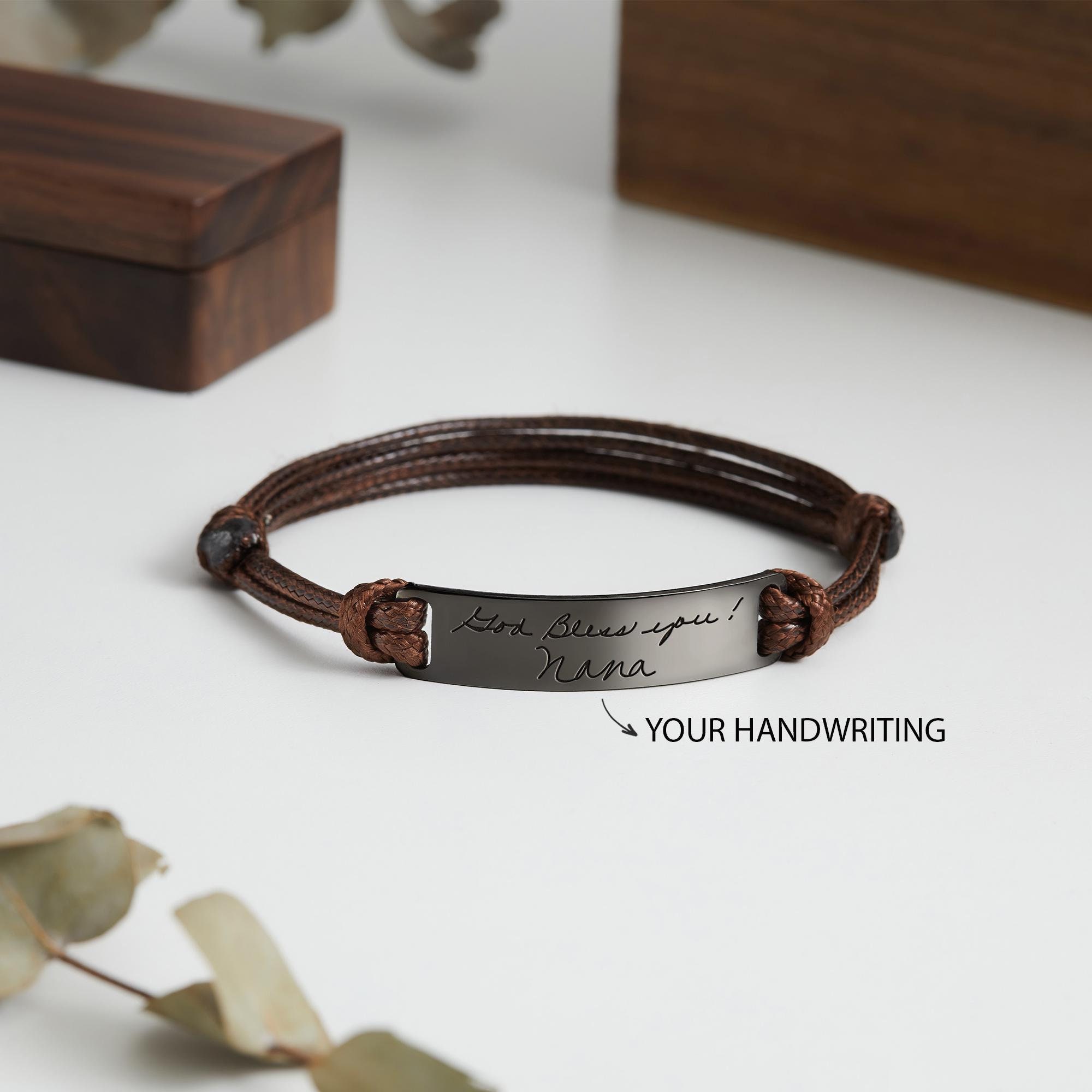 Handwriting Bracelet for Men, Memorial Gift For Son, In Memory Of Mom, Engraved Bracelet, Son Gift From Mom, Leather Bracelet For Him