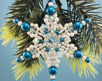 Peacock Teal and White Snowflake Ornament - 064