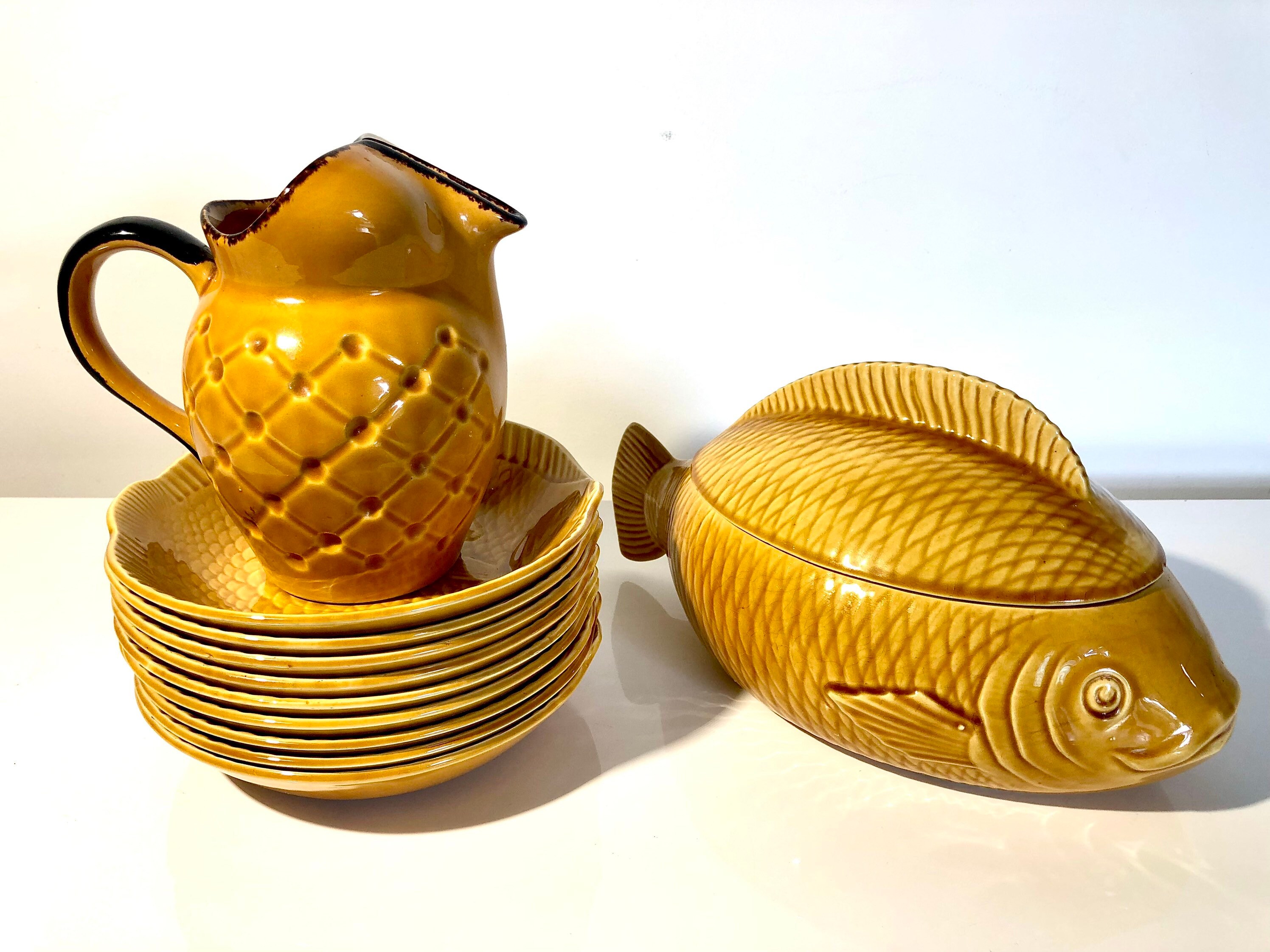 Sarreguemines Vintage Année 70 Français 11 Pièce Majolica Fish Service