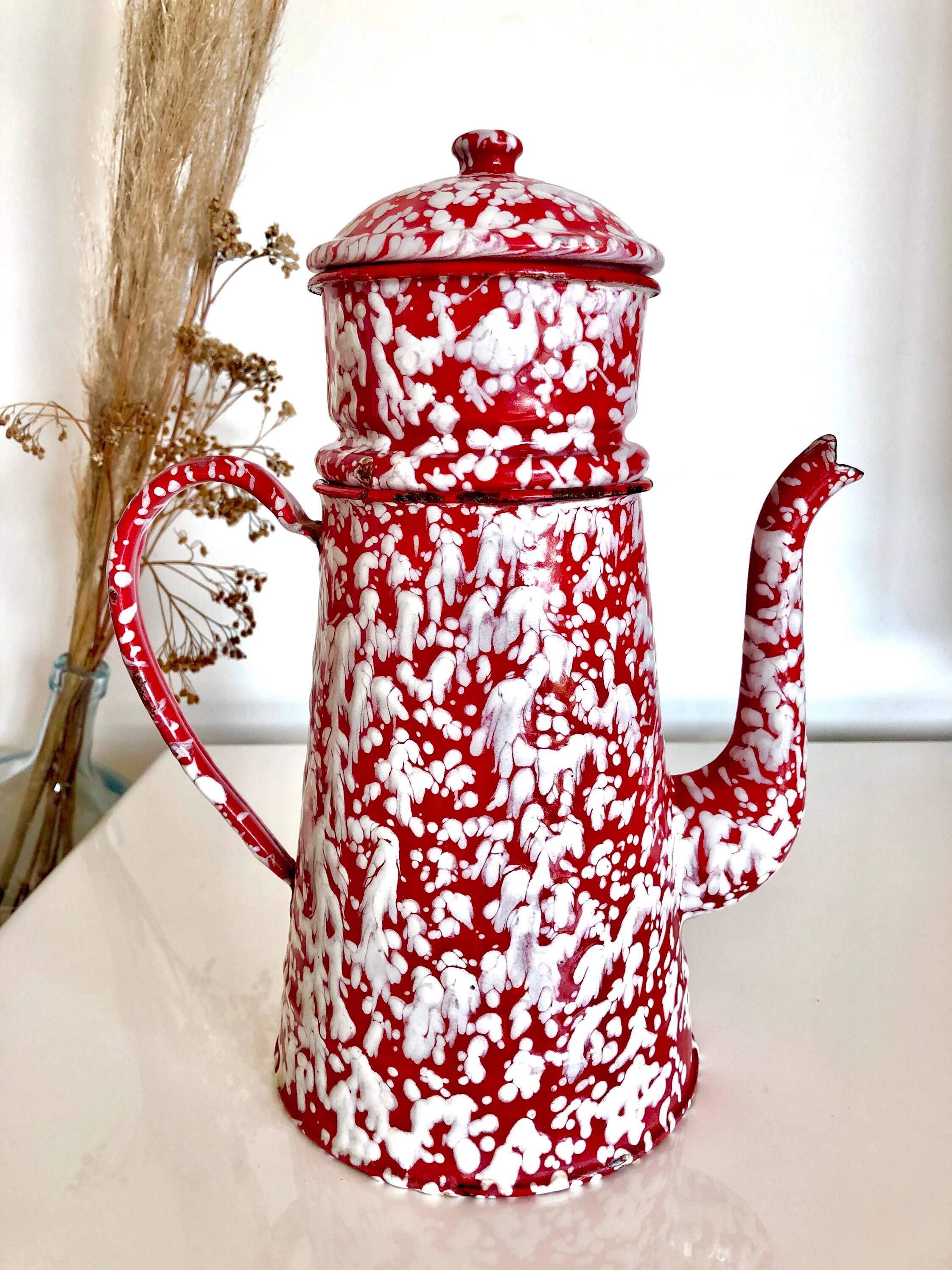 Ancien Cafetière en Tôle Émaillée Vintage Française