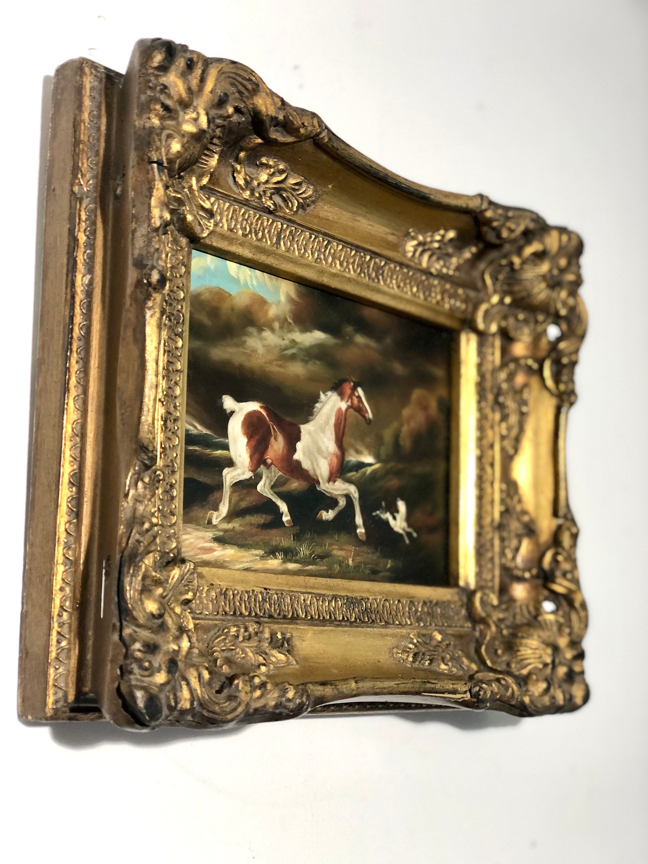 Superbe Tableau Peinture à L'huile sur Panneau /Magnifique Cadre Sculpté en Bois et Stuc Doré.