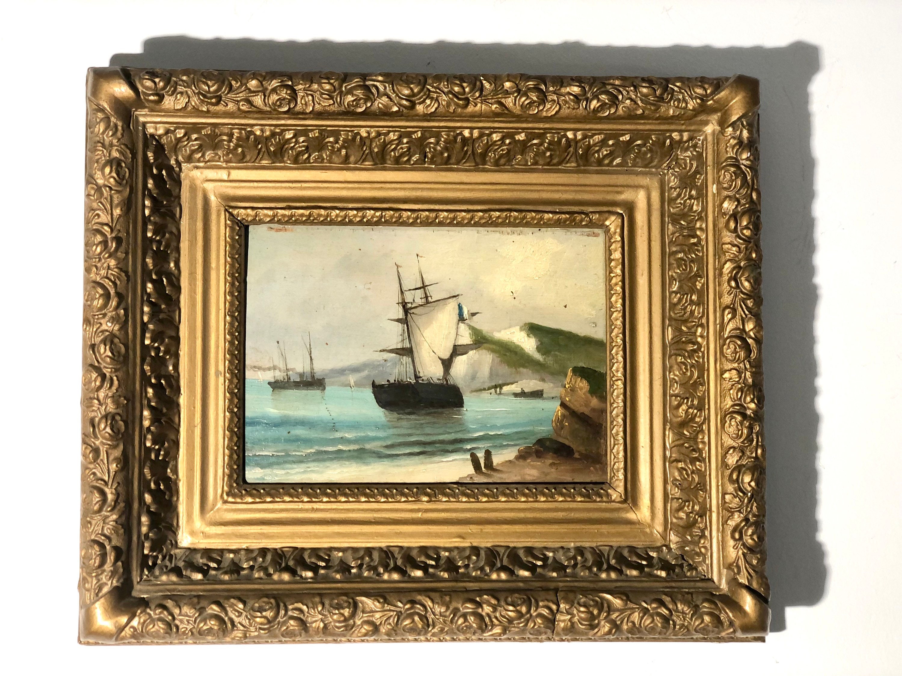 Française Original Marine Peinture à L'huile sur Panneau en Bois /1900