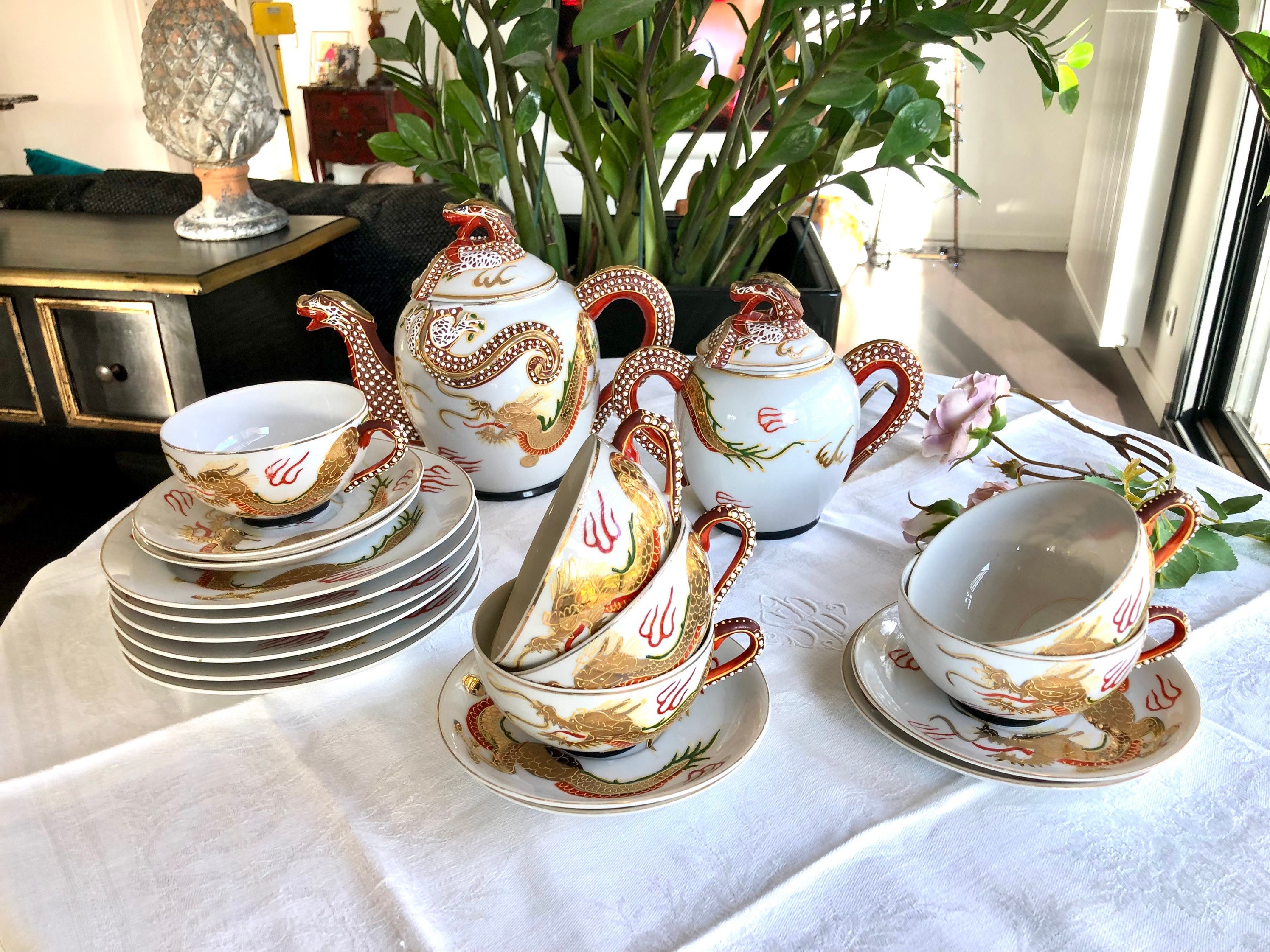 Set à Thé Japonaise Vintage, Ensemble Dragonware Asiatique, Thé Satsuma en Porcelaine Blancs