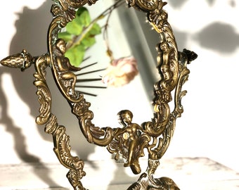 Miroir Baroque & Rocaille En Bronze Et Laiton – Style Vintage, France, 58 Cm – Décor Raffiné