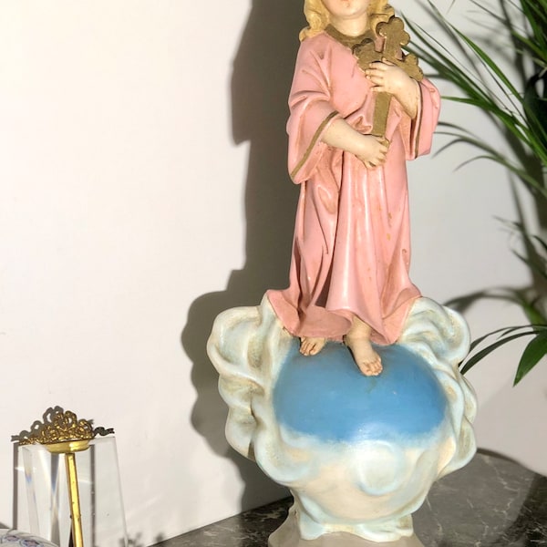 Très Ancien Statuette religieuse représente une jeune fille Xllem