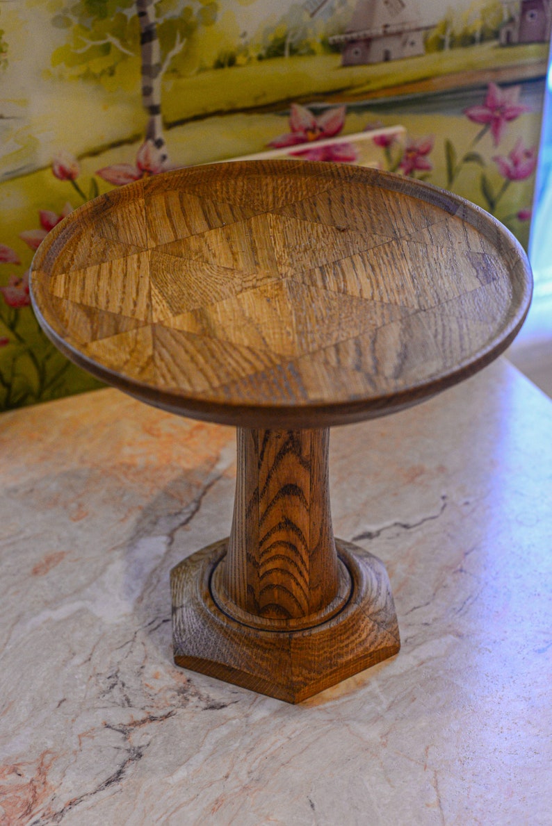 Round Fruit Plate on Stand Wood Decor Triangles Gift Oak Wood Kitchen Decor Eco Friendly Wood Plate Handmade