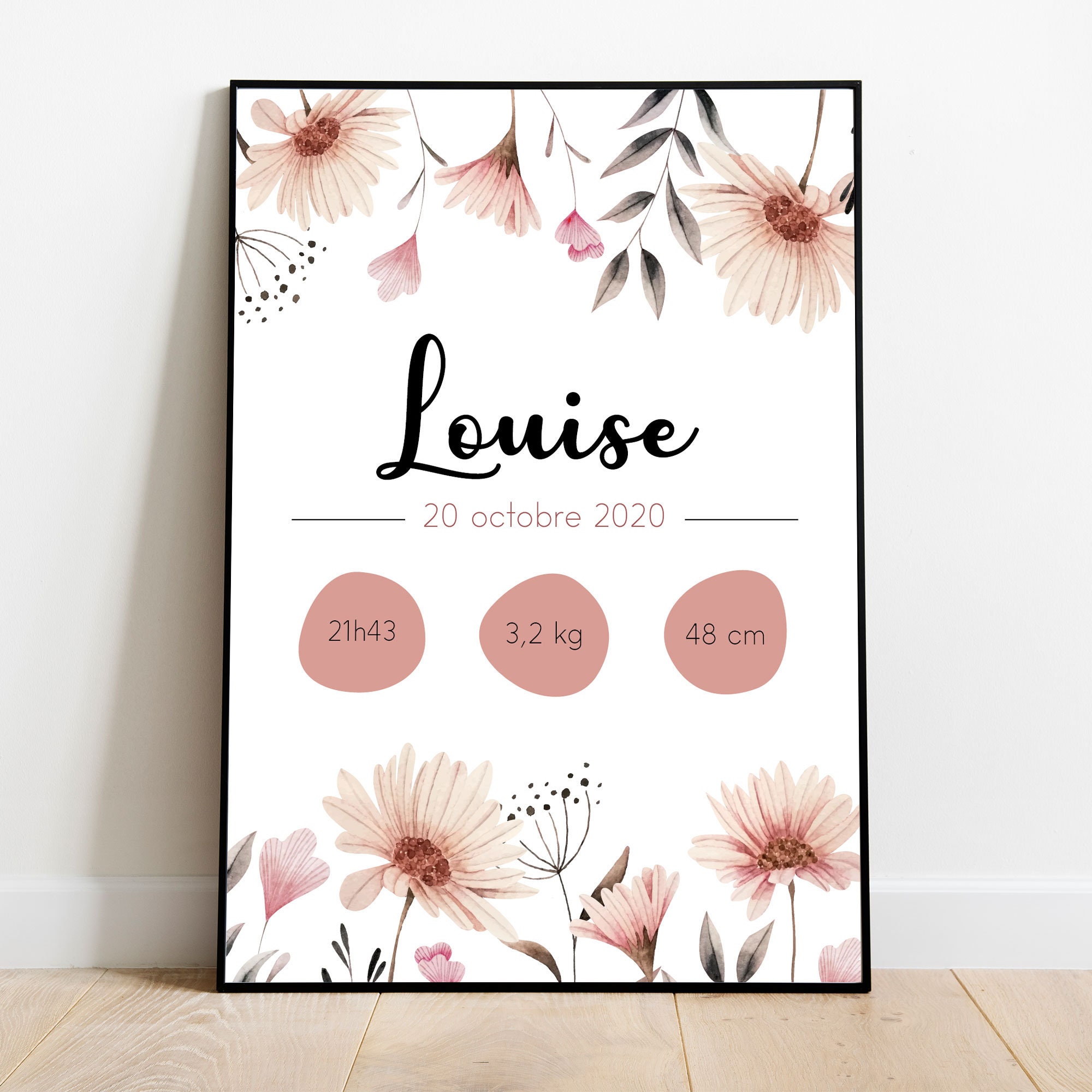 Affiche Naissance Personnalisée Fille Thème Floral Vintage à Imprimer - Cadeau Naissance