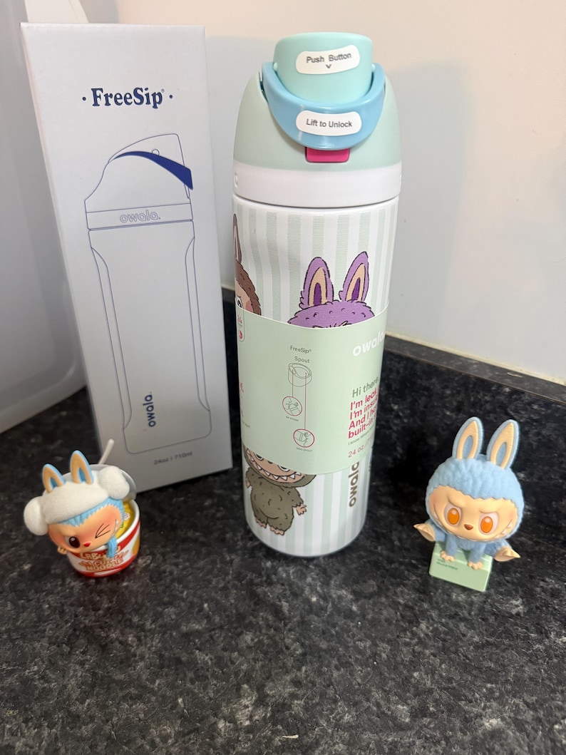 Puede incluir: Una botella de agua Owala FreeSip verde menta y blanca con gr&aacute;ficos de conejos, un bot&oacute;n azul y una caja a juego. Tambi&eacute;n hay dos peque&ntilde;as figuras de conejos.