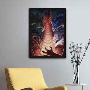 Fantasy Art Poster Print, Tiamat Drache Dungeons and Dragons, D&D Dark Fire, Elements Dragons, Schlafzimmer Wohnzimmer Wandkunst, Geek Home Decor