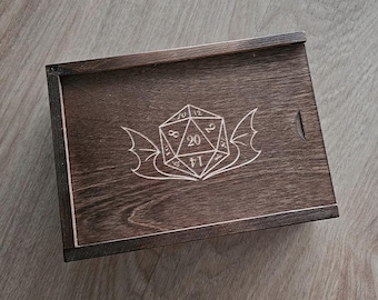 Engraved Dragon Dice Wooden Box, Personalized D&D Gift